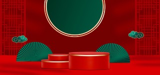 3D年货节C4D红绿中国风绿色扇子年货节新年春节淘宝天猫淘宝展台背景